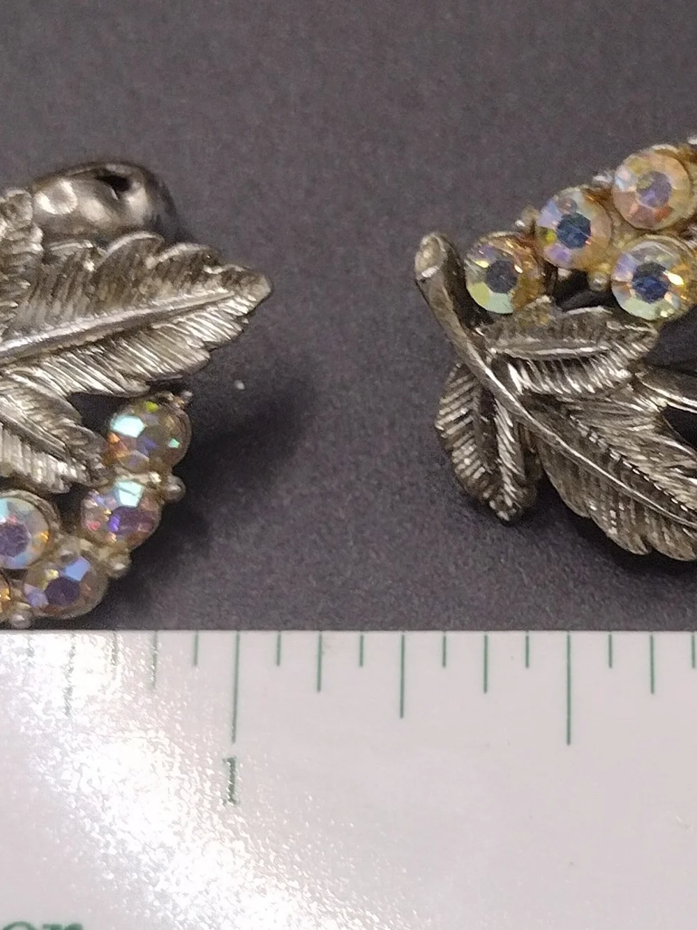 Vintage Coro Estate Silver Leaf Clip Earrings with Aurora Borealis Crystals